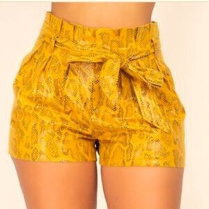 New On Trend Mustard Faux Leather Snake Skin High Waisted Paper Bag Shorts